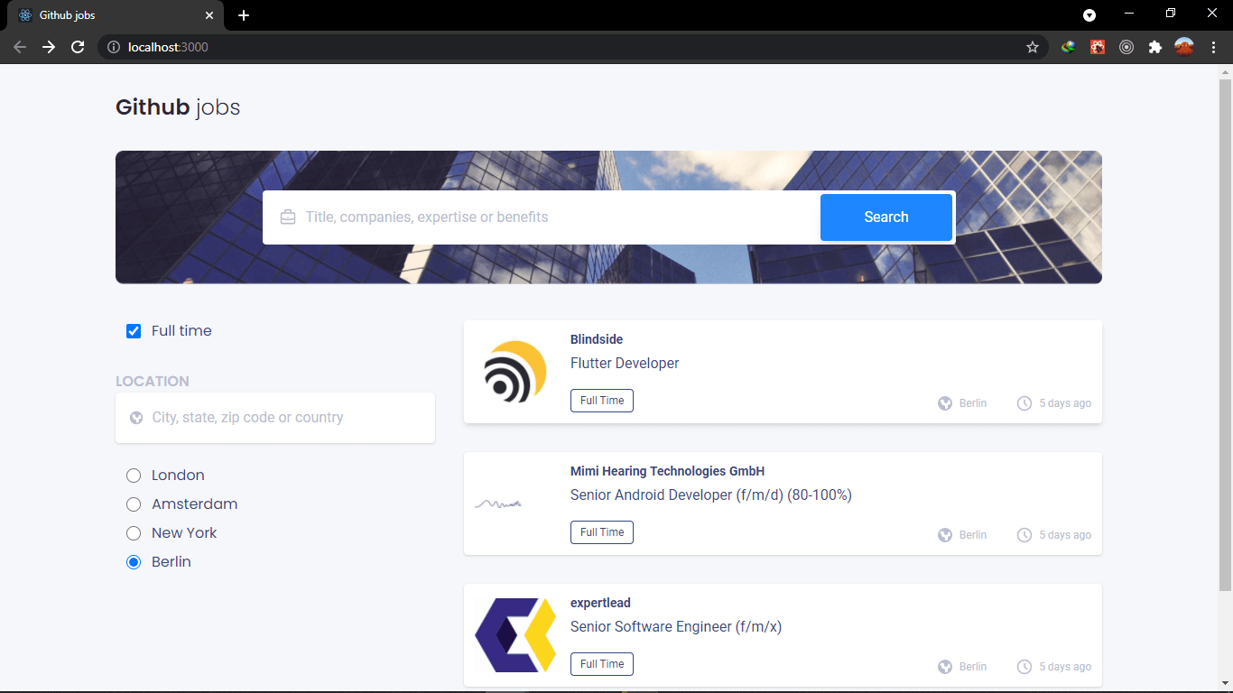 GitHub Jobs search interface